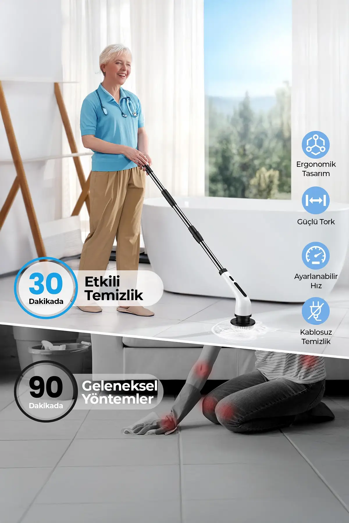9 Başlıklı Şarjlı Otomatik Temizlik Fırçası Seti