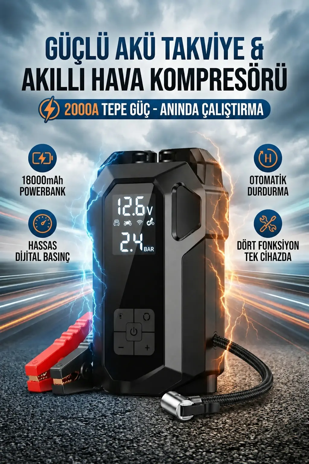 4'ü 1 Arada Akü Takviye ve Hava Kompresörü