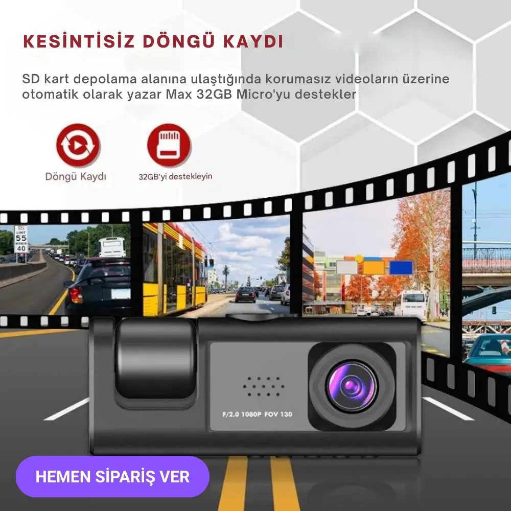3 Kameralı Full HD 1080p Gece Görüşlü Araç Kamerası