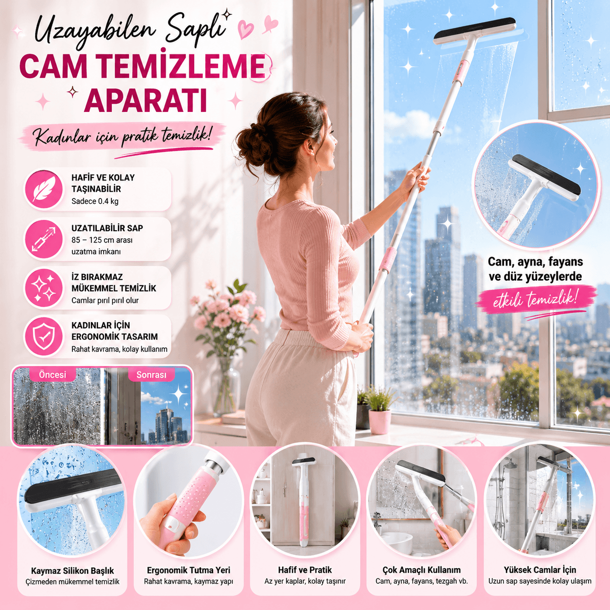 4'ü 1 Arada Teleskopik Cam Temizleyiciyi 